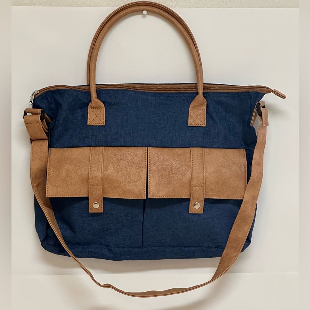 The AARP Classic Courier Organizer Laptop Bag Blue Brown Pockets Shoulder Bag